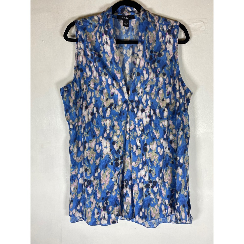 Nine West Watercolor Floral Sleeveless Split Neck Blouse XL Art to Wear Artsy